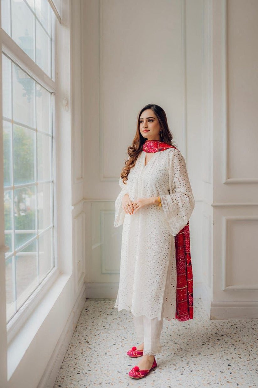 BrandsInn-3PC CHIKANKAARI LAWN EMBROIDERED SHIRT WITH CHUNRI PRINT DUPATTA AND TROUSER-BI-148