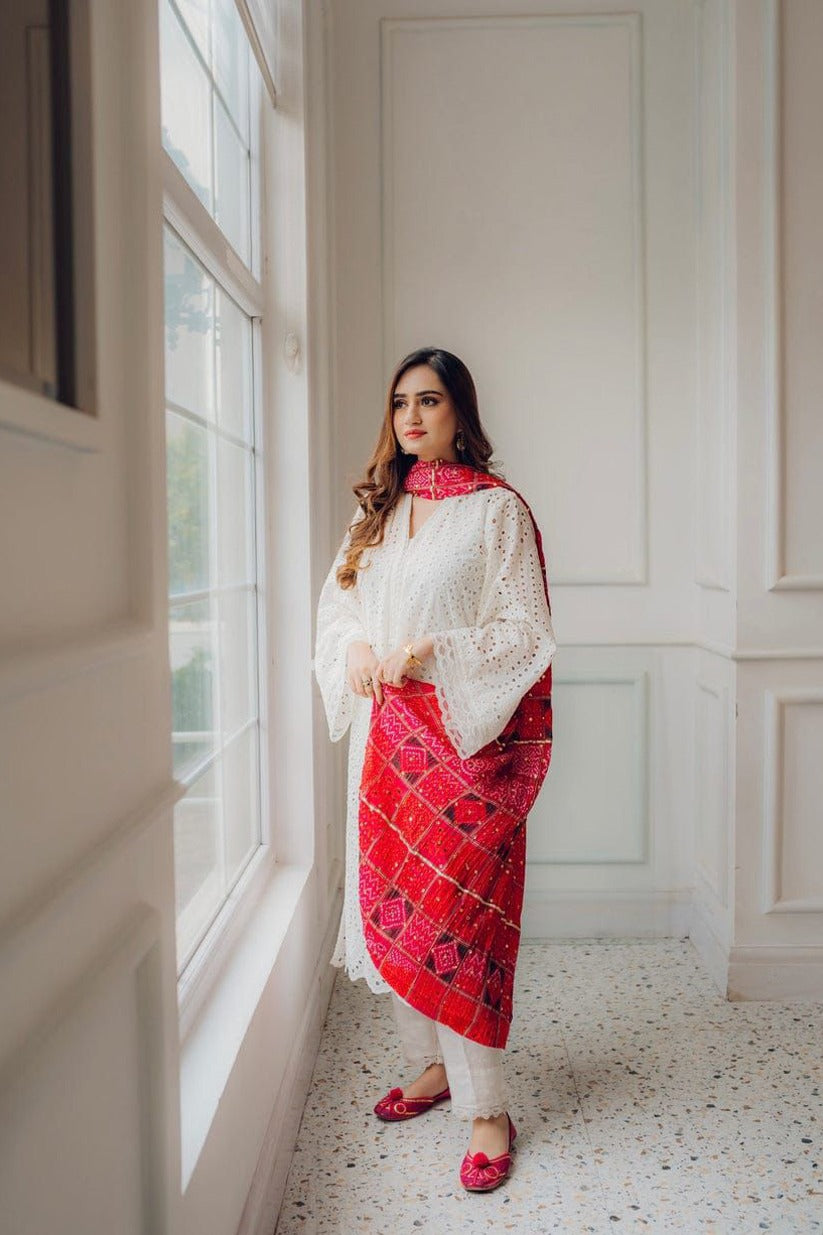 BrandsInn-3PC CHIKANKAARI LAWN EMBROIDERED SHIRT WITH CHUNRI PRINT DUPATTA AND TROUSER-BI-148
