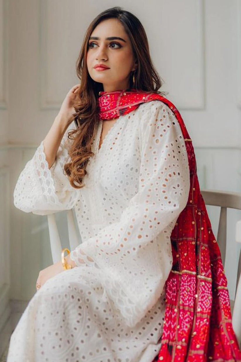 BrandsInn-3PC CHIKANKAARI LAWN EMBROIDERED SHIRT WITH CHUNRI PRINT DUPATTA AND TROUSER-BI-148