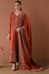 BrandsInn-3PC DHANAK EMBROIDERED SHIRT WITH DHANAK EMBROIDERED SHAWL AND TROUSER-BI-4313