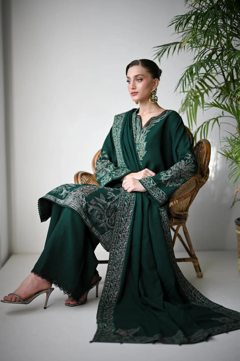 BrandsInn-3PC DHANAK EMBROIDERED SHIRT WITH DHANAK EMBROIDERED SHAWL & TROUSER-BI-4136