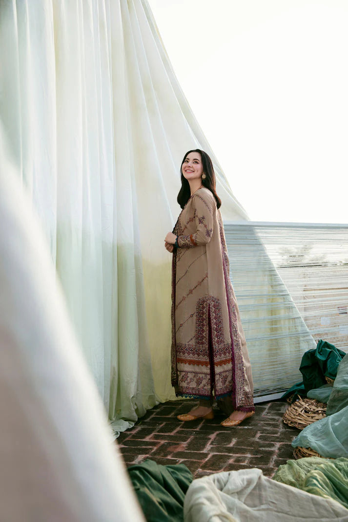BrandsInn-3PC DHANAK EMBROIDERED SHIRT WITH DHANAK EMBROIDERED SHAWL & TROUSER-BI-4128