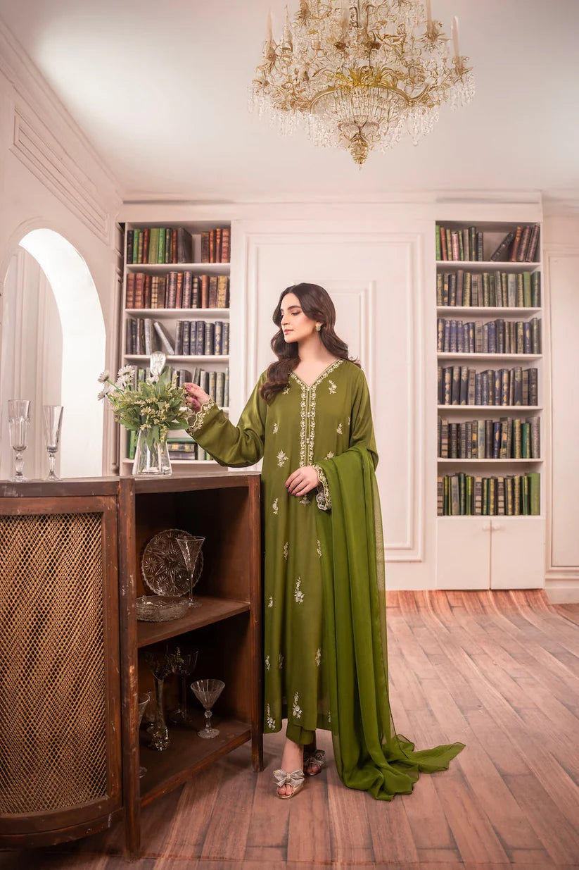 BrandsInn-3PC DHANAK EMBROIDERED SHIRT WITH CHIFFON DUPATTA AND TROUSER-BI-4084
