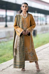 BrandsInn-3PC DHANAK EMBROIDERED SHIRT WITH COUTRAI PRINTED SHAWL & TROUSER-BI-4137