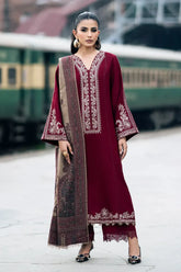 BrandsInn-3PC DHANAK EMBROIDERED SHIRT WITH COUTRAI PRINTED SHAWL AND TROUSER-BI-4127