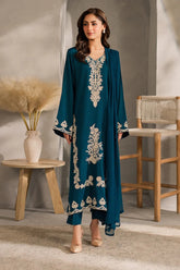 BrandsInn-3PC DHANAK EMBROIDERED SHIRT WITH BAMBER CHIFFON DUPATTA AND TROUSER-BI-4259