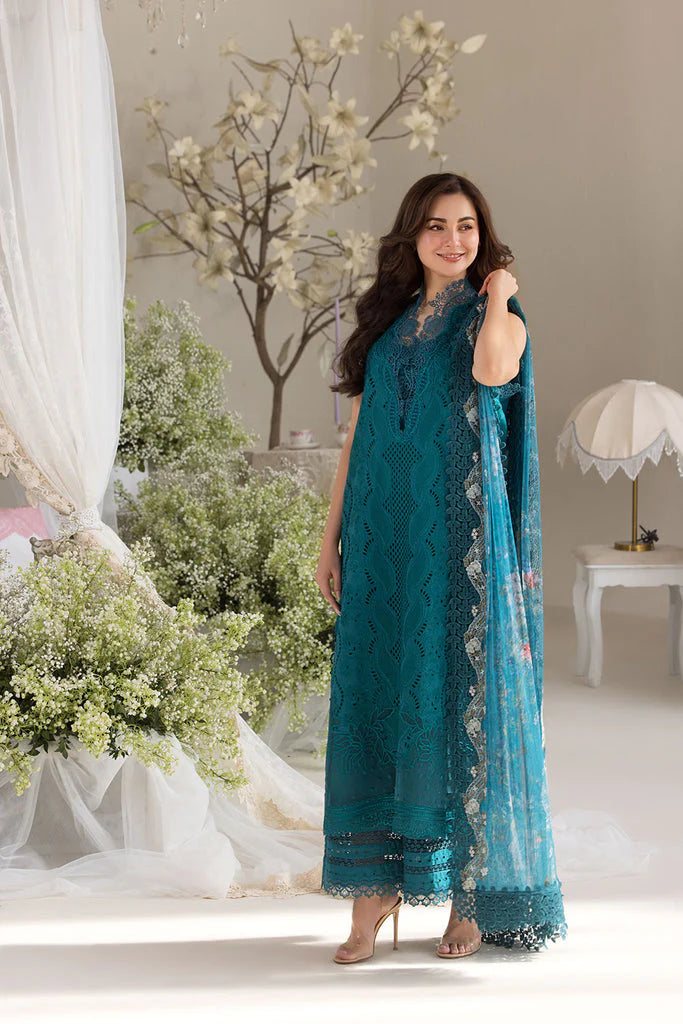 BrandsInn-3PC DHANAK CHIKAN EMBROIDERED SHIRT WITH COURTRAI PRINTED SHAWL AND TROUSER BI-4096
