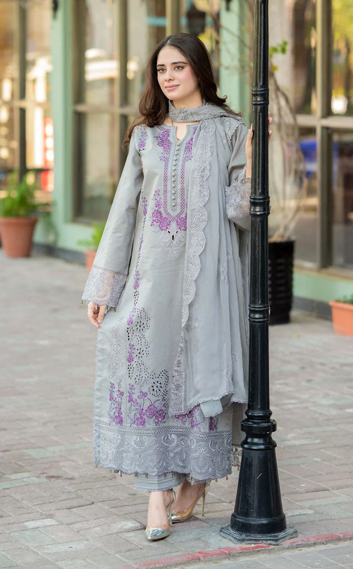 BrandsInn-3PC DHANAK EMBROIDERED SHIRT WITH DHANAK SHAWL AND TROUSER-BI-4137