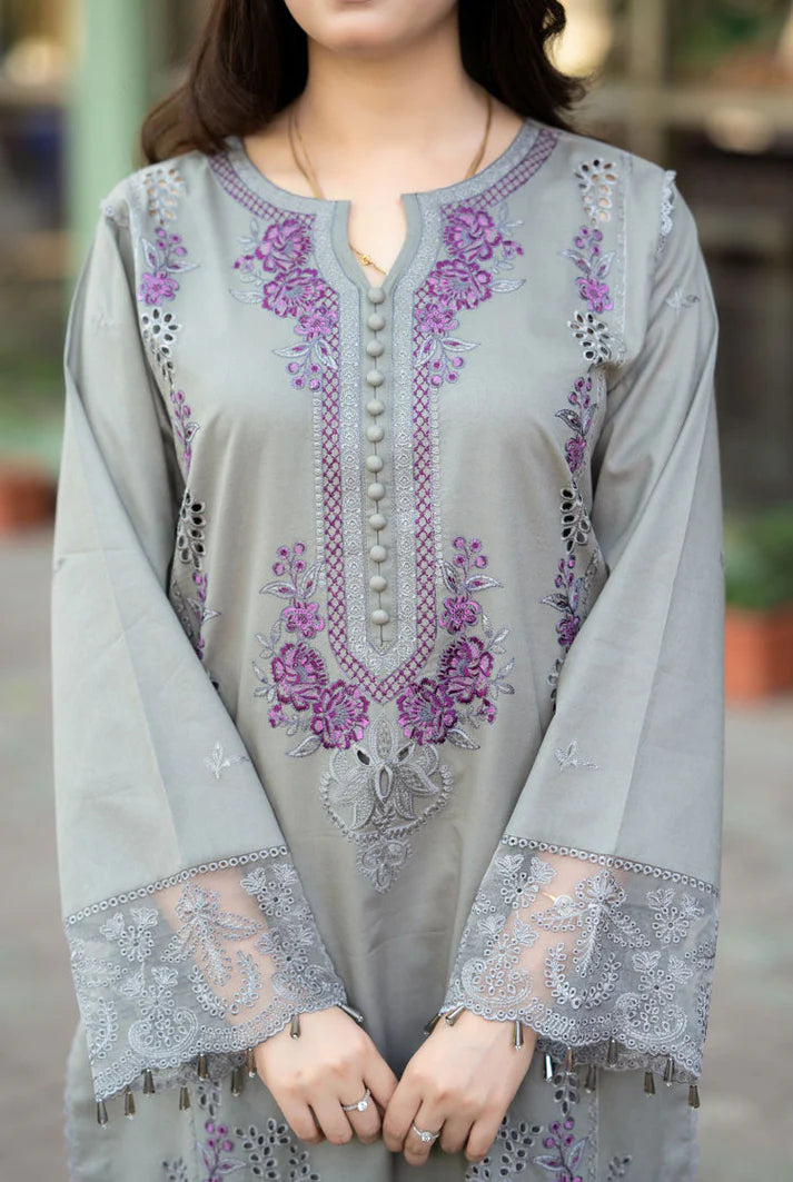 BrandsInn-3PC DHANAK EMBROIDERED SHIRT WITH DHANAK SHAWL AND TROUSER-BI-4137