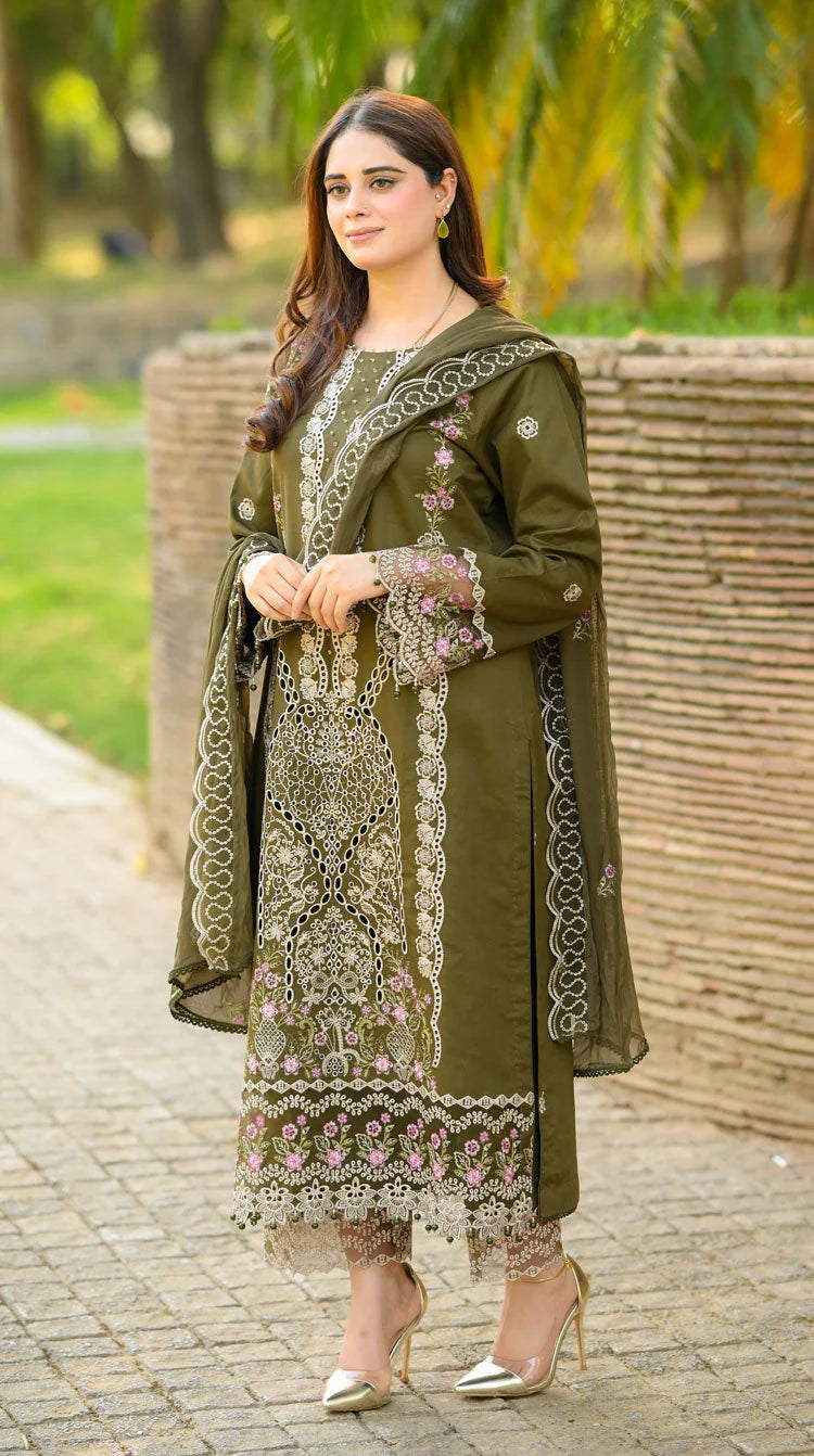 BrandsInn-3PC KARANDI EMBROIDERED SHIRT WITH KARANDI EMBROIDERED SHAWL & EMB TROUSER-BI-4298