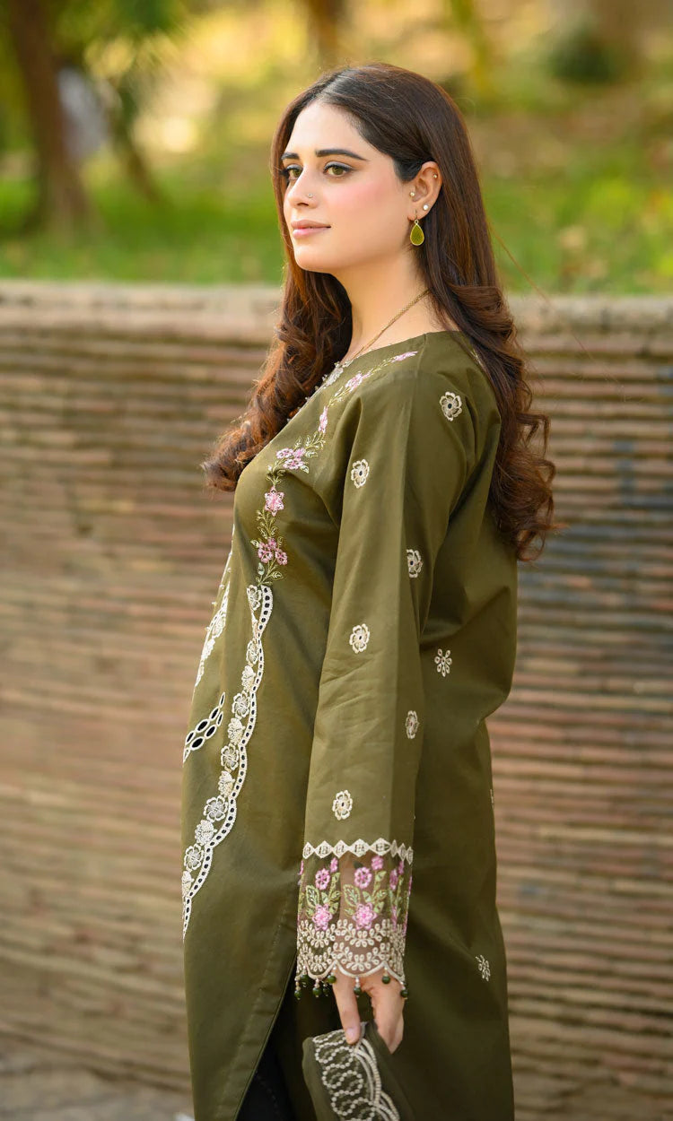 BrandsInn-3PC KARANDI EMBROIDERED SHIRT WITH KARANDI EMBROIDERED SHAWL & EMB TROUSER-BI-4298