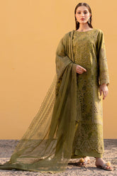 BrandsInn-3PC LAWN LASER WORK EMBROIDERED SHIRT WITH KHAADI NET EMBROIDERED DUPATTA AND TROUSER -BI-4742