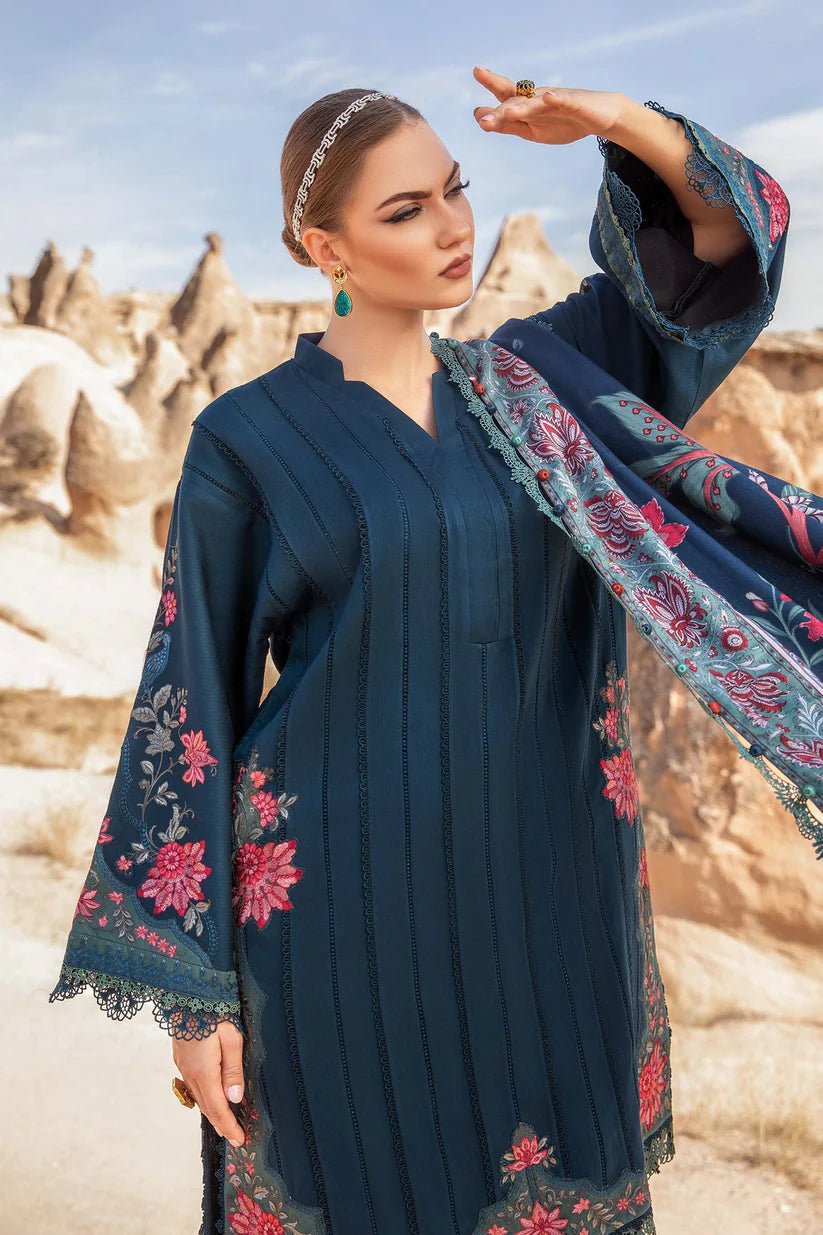 BrandsInn - 3PC DHANAK EMBROIDERED SHIRT WITH COUTURE PRINT SHAWL AND TROUSER-BI-4070