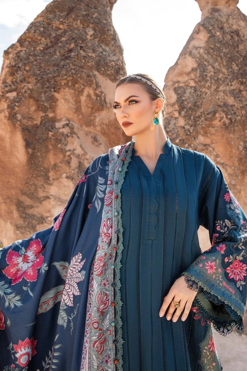 BrandsInn - 3PC DHANAK EMBROIDERED SHIRT WITH COUTURE PRINT SHAWL AND TROUSER-BI-4070