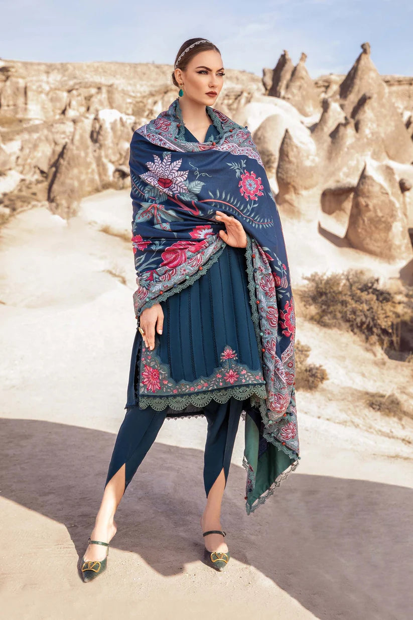 BrandsInn - 3PC DHANAK EMBROIDERED SHIRT WITH COUTURE PRINT SHAWL AND TROUSER-BI-4070