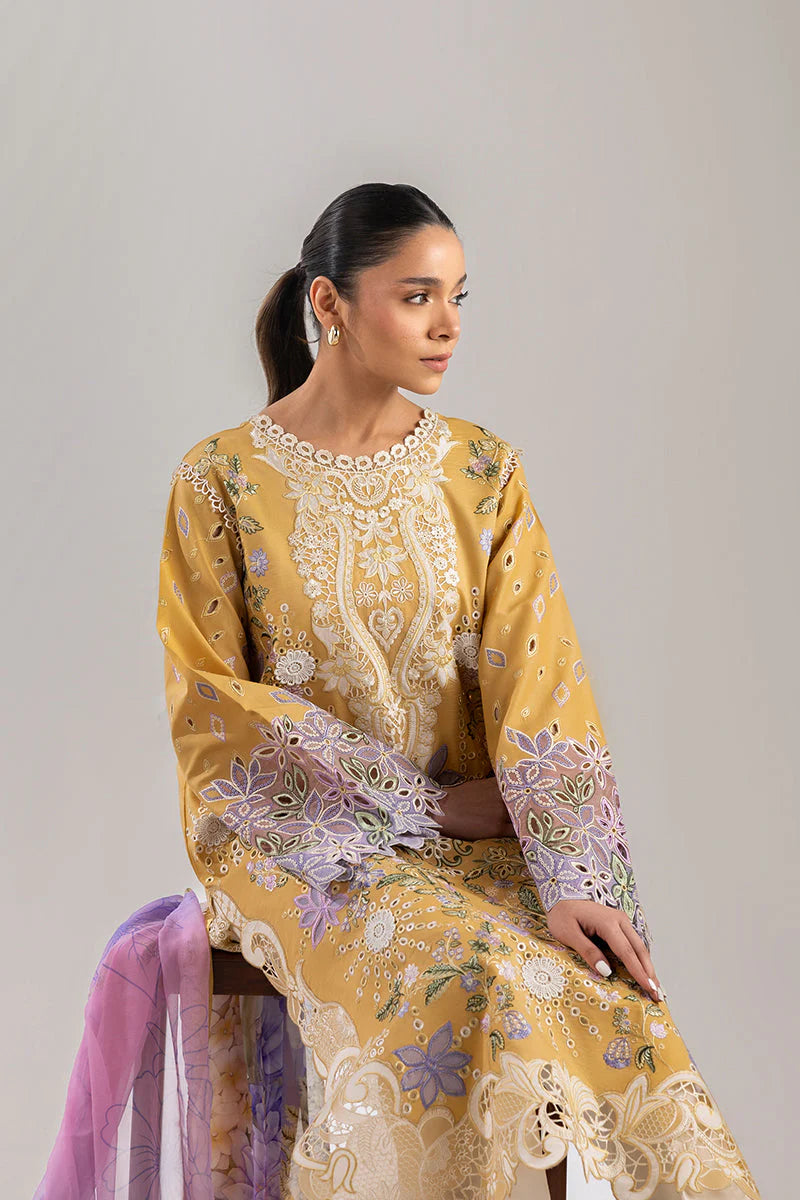 BrandsInn-3PC DHANAK CHIKAN EMBROIDERED SHIRT WITH COURTRAI PRINTED SHAWL & EMB TROUSER-BI-4088