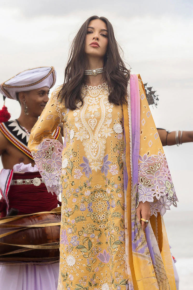 BrandsInn-3PC DHANAK CHIKAN EMBROIDERED SHIRT WITH COURTRAI PRINTED SHAWL & EMB TROUSER-BI-4088
