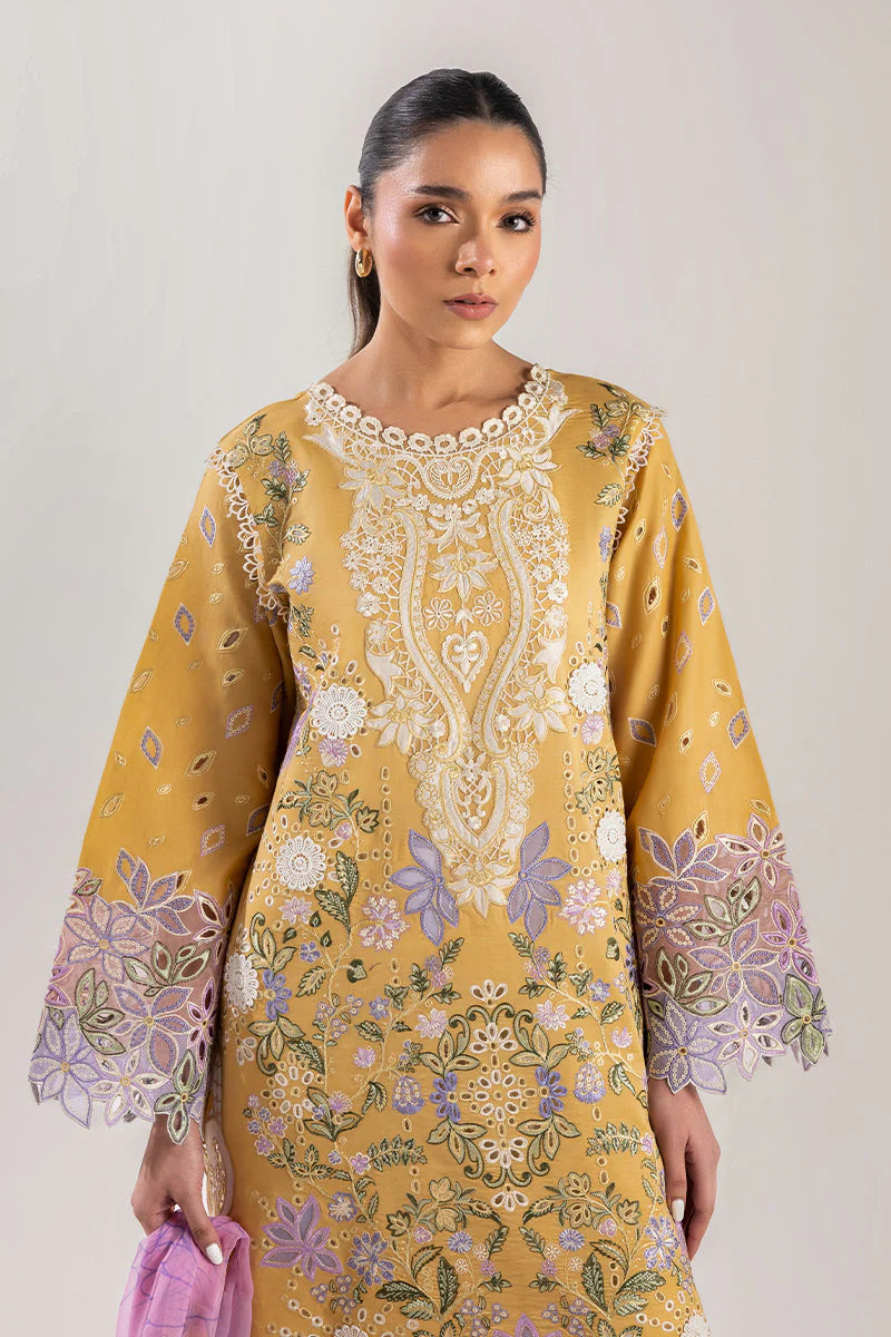 BrandsInn-3PC DHANAK CHIKAN EMBROIDERED SHIRT WITH COURTRAI PRINTED SHAWL & EMB TROUSER-BI-4088
