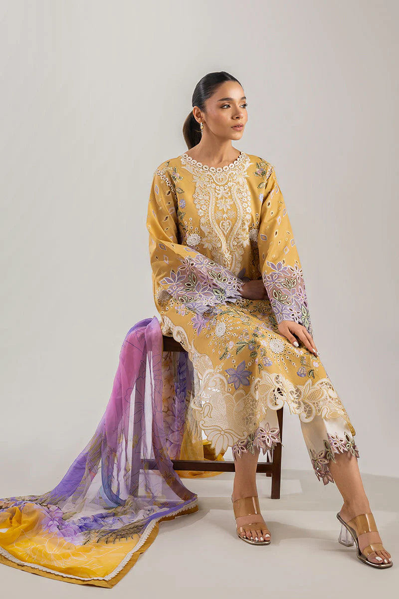 BrandsInn-3PC DHANAK CHIKAN EMBROIDERED SHIRT WITH COURTRAI PRINTED SHAWL & EMB TROUSER-BI-4088