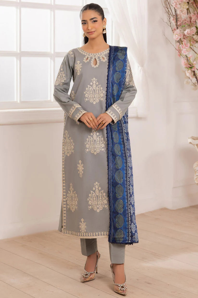 BrandsInn-3PC LAWN EMBROIDERED SHIRT WITH MONARK PRINTED DUPATTA AND TROUSER-BI-348