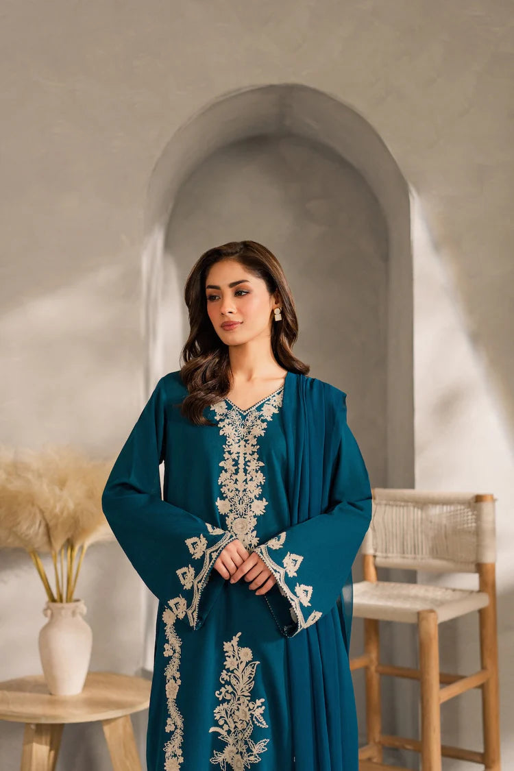 BrandsInn-3PC DHANAK EMBROIDERED SHIRT WITH BAMBER CHIFFON DUPATTA AND TROUSER-BI-4259