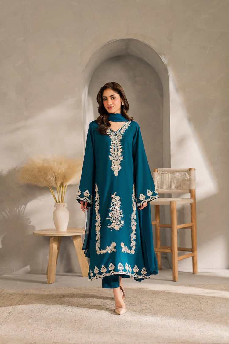 BrandsInn-3PC DHANAK EMBROIDERED SHIRT WITH BAMBER CHIFFON DUPATTA AND TROUSER-BI-4259