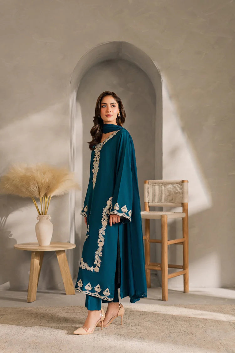 BrandsInn-3PC DHANAK EMBROIDERED SHIRT WITH BAMBER CHIFFON DUPATTA AND TROUSER-BI-4259
