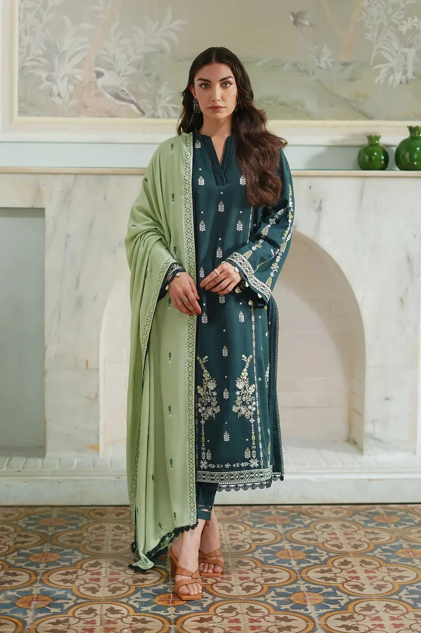 BrandsInn-3PC DHANAK EMBROIDERED SHIRT WITH DHANAK EMBROIDERED SHAWL & TROUSER-BI-4135