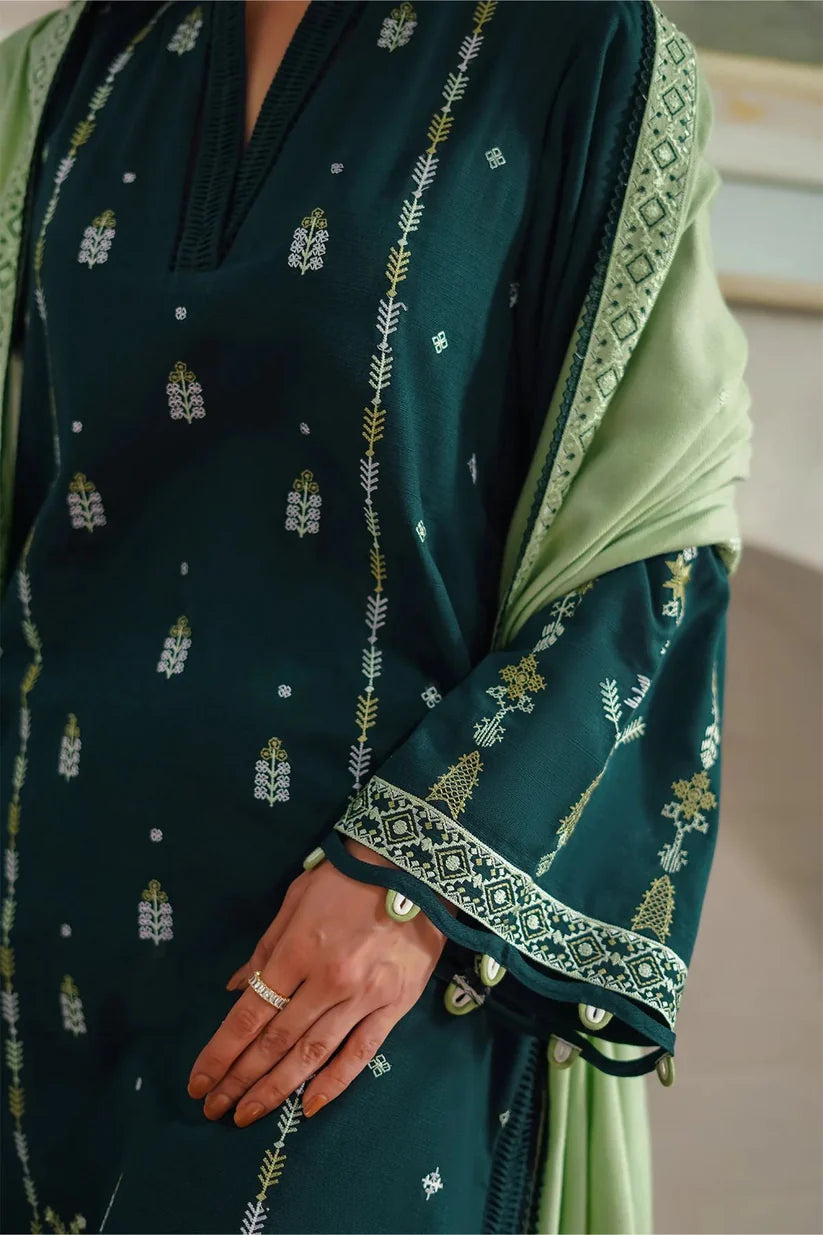 BrandsInn-3PC DHANAK EMBROIDERED SHIRT WITH DHANAK EMBROIDERED SHAWL & TROUSER-BI-4135
