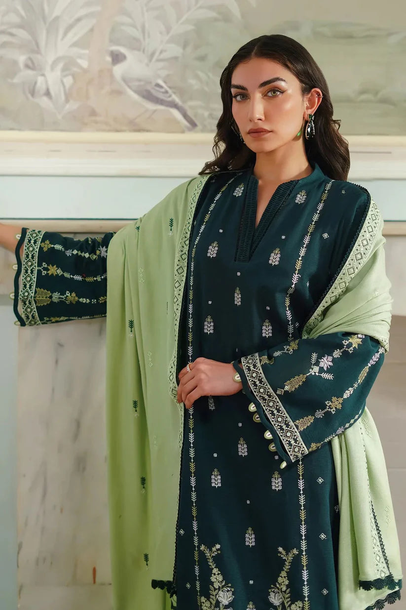 BrandsInn-3PC DHANAK EMBROIDERED SHIRT WITH DHANAK EMBROIDERED SHAWL & TROUSER-BI-4135