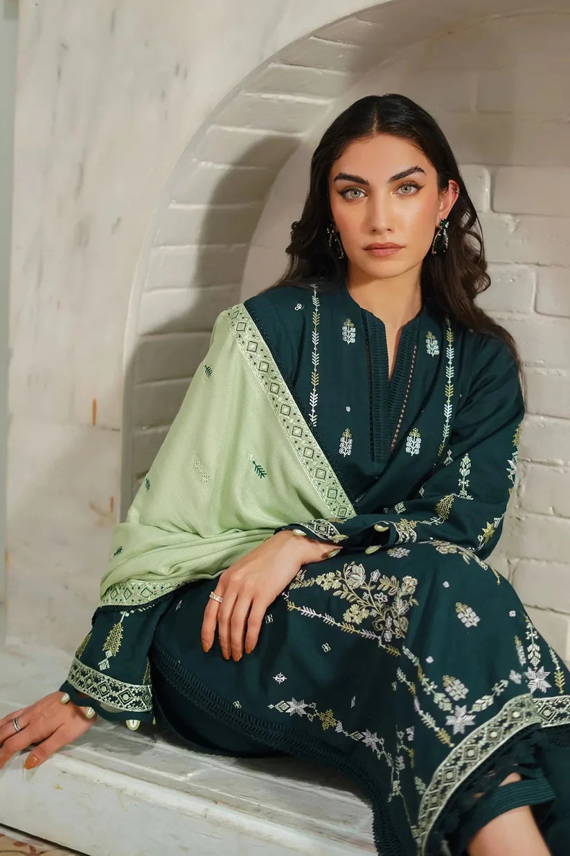 BrandsInn-3PC DHANAK EMBROIDERED SHIRT WITH DHANAK EMBROIDERED SHAWL & TROUSER-BI-4135