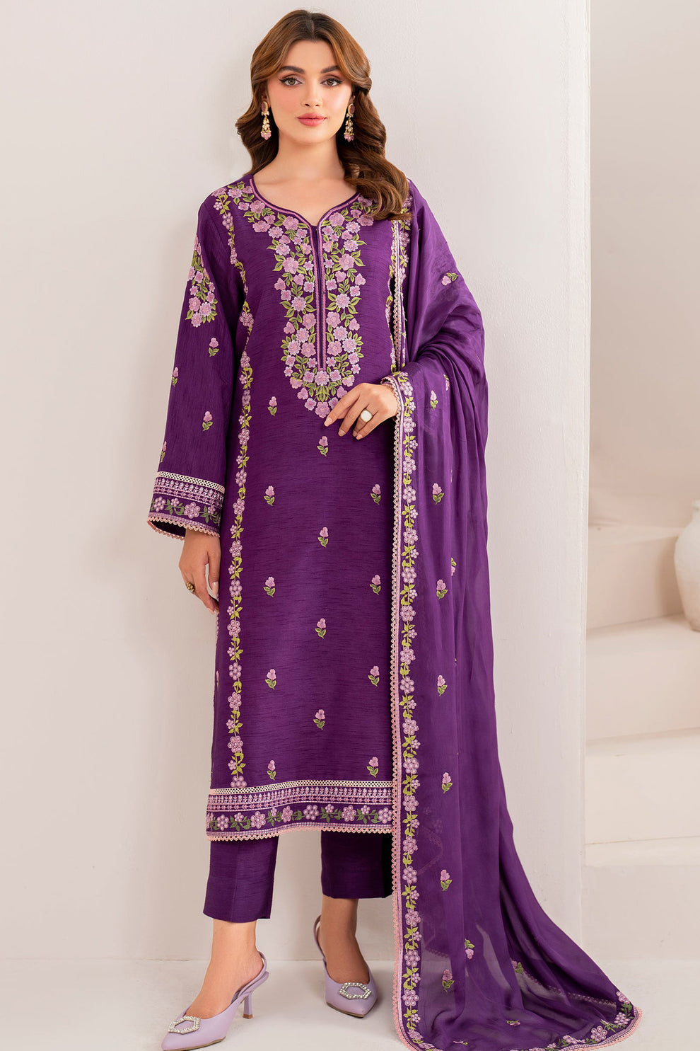 BrandsInn-3PC LAWN EMBROIDERED SHIRT WITH CHIFFON EMBROIDERED DUPATTA AND TROUSER-BI-108