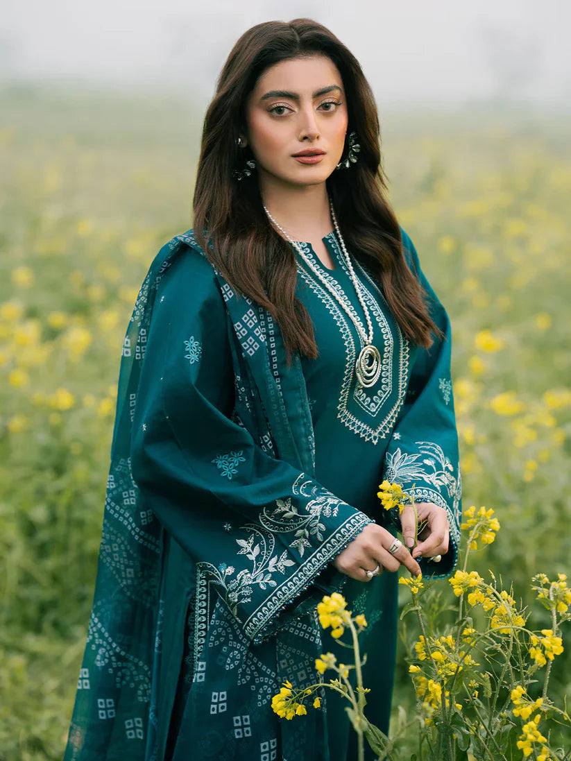 BrandsInn-3PC DHANAK EMBROIDERED SHIRT WITH COURTRAI PRINTED SHAWL AND TROUSER-BI-4107