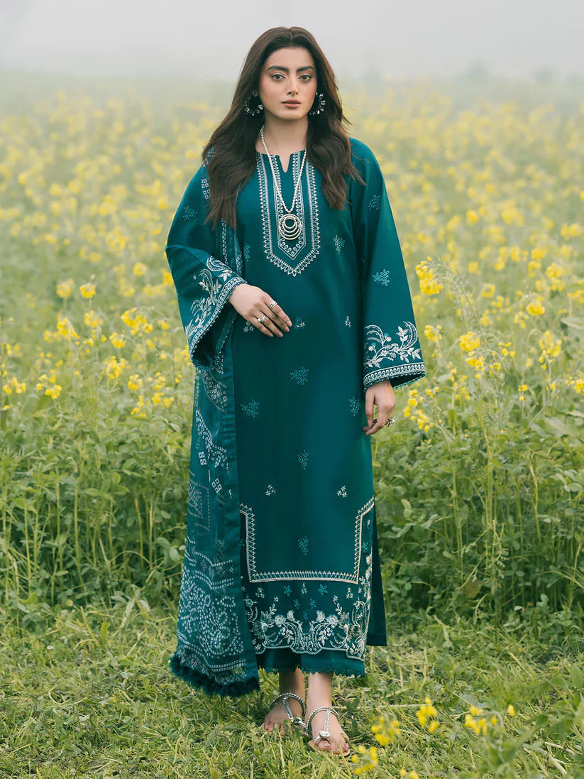 BrandsInn-3PC DHANAK EMBROIDERED SHIRT WITH COURTRAI PRINTED SHAWL AND TROUSER-BI-4107