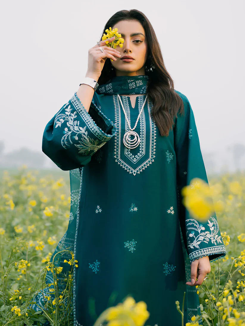 BrandsInn-3PC DHANAK EMBROIDERED SHIRT WITH COURTRAI PRINTED SHAWL AND TROUSER-BI-4107