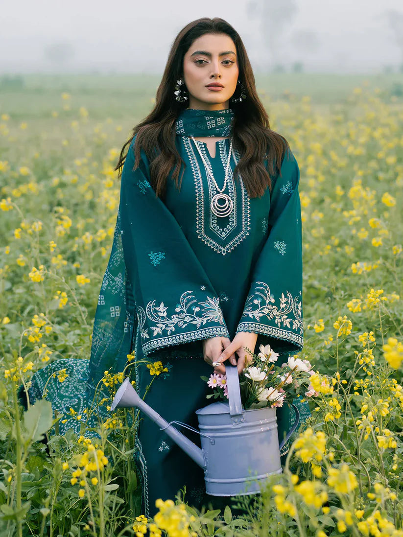 BrandsInn-3PC DHANAK EMBROIDERED SHIRT WITH COURTRAI PRINTED SHAWL AND TROUSER-BI-4107