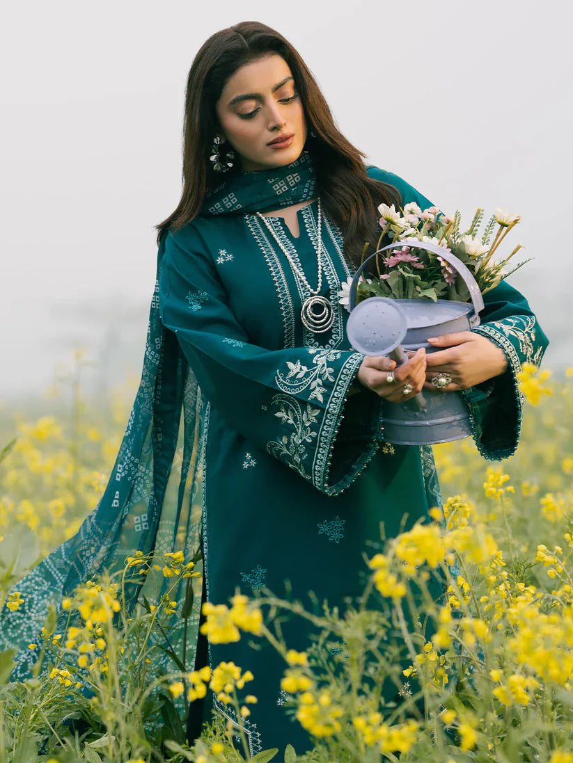 BrandsInn-3PC DHANAK EMBROIDERED SHIRT WITH COURTRAI PRINTED SHAWL AND TROUSER-BI-4107