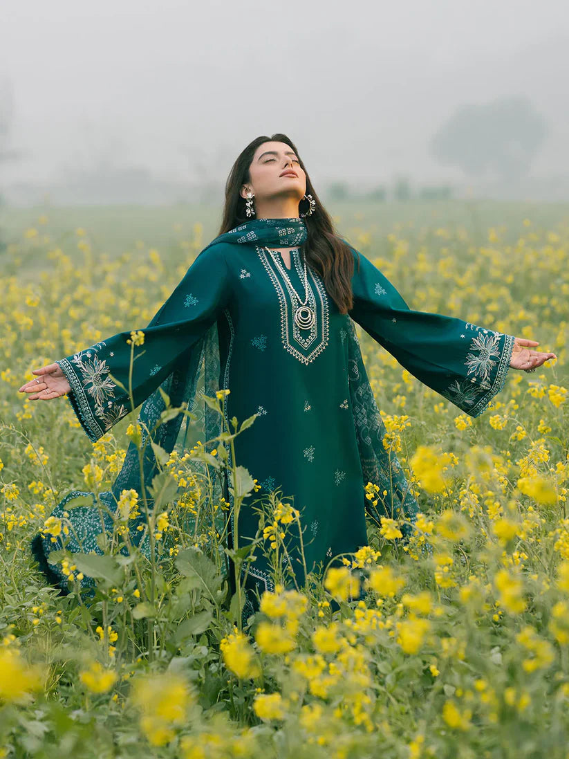 BrandsInn-3PC DHANAK EMBROIDERED SHIRT WITH COURTRAI PRINTED SHAWL AND TROUSER-BI-4107