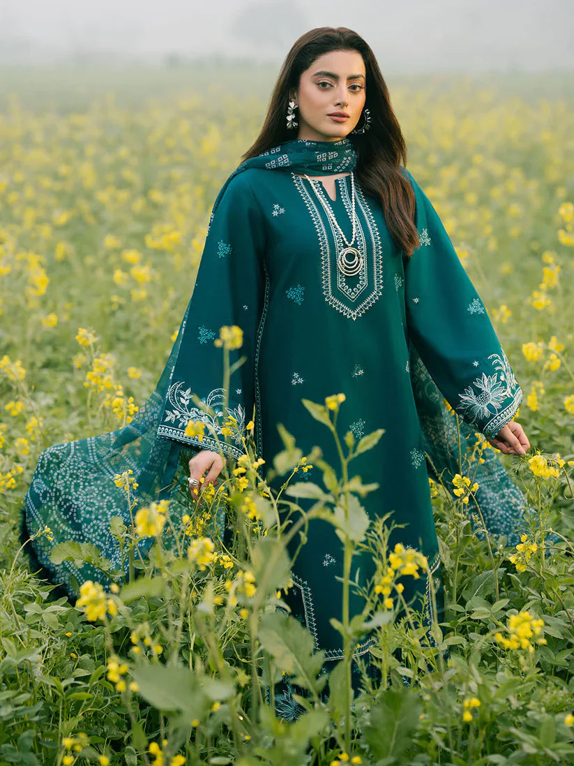 BrandsInn-3PC DHANAK EMBROIDERED SHIRT WITH COURTRAI PRINTED SHAWL AND TROUSER-BI-4107