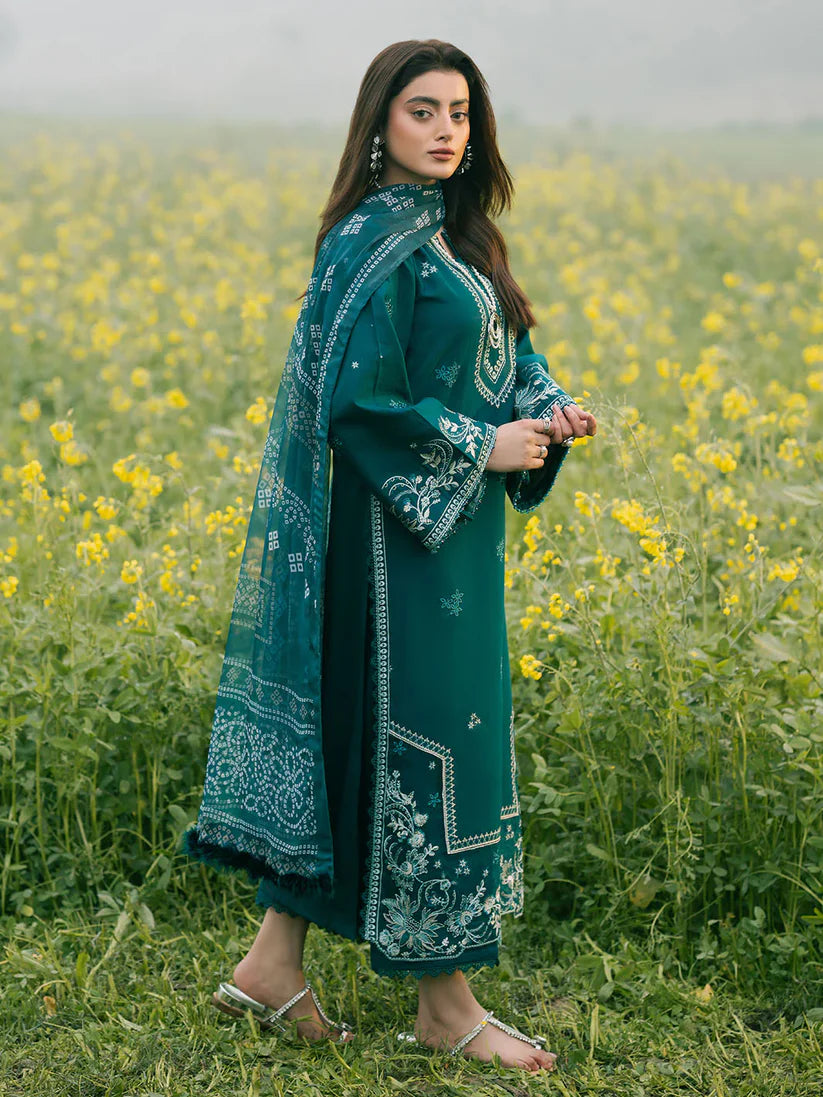 BrandsInn-3PC DHANAK EMBROIDERED SHIRT WITH COURTRAI PRINTED SHAWL AND TROUSER-BI-4107