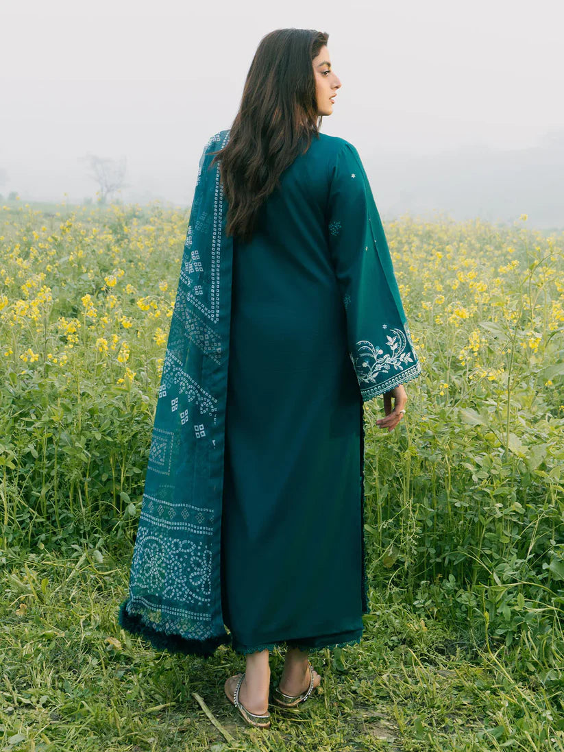 BrandsInn-3PC DHANAK EMBROIDERED SHIRT WITH COURTRAI PRINTED SHAWL AND TROUSER-BI-4107