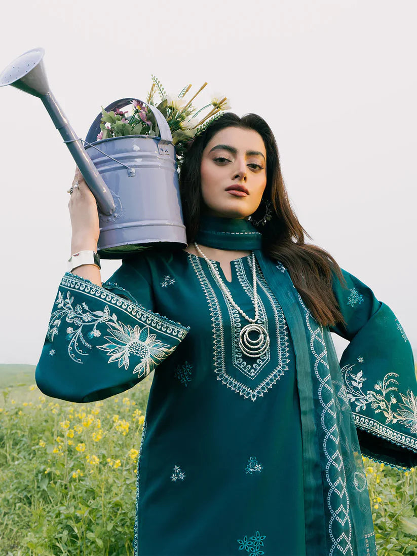 BrandsInn-3PC DHANAK EMBROIDERED SHIRT WITH COURTRAI PRINTED SHAWL AND TROUSER-BI-4107
