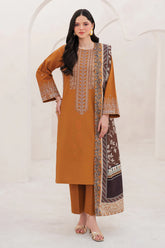 BrandsInn-3PC DHANAK EMBROIDERED SHIRT WITH COURTRAI PRINTED SHAWL AND TROUSER-BI-4201