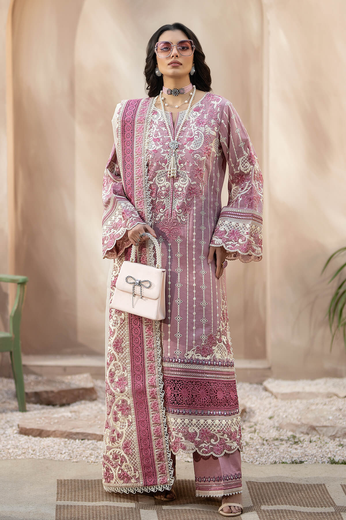 BrandsInn-3PC CHIKANKAARI LAWN CUTWORK EMBROIDERED SHIRT WITH NET EMBROIDERED CUTWORK DUPATTA AND TROUSER-BI-141