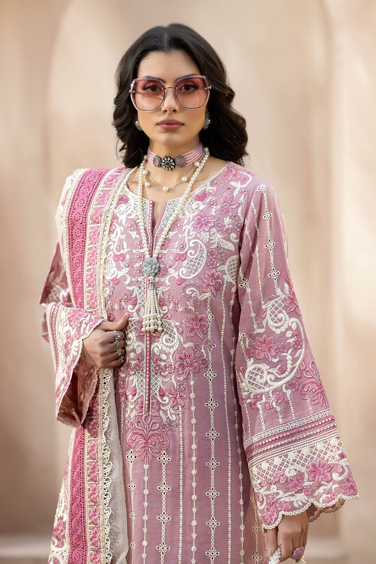 BrandsInn-3PC CHIKANKAARI LAWN CUTWORK EMBROIDERED SHIRT WITH NET EMBROIDERED CUTWORK DUPATTA AND TROUSER-BI-141