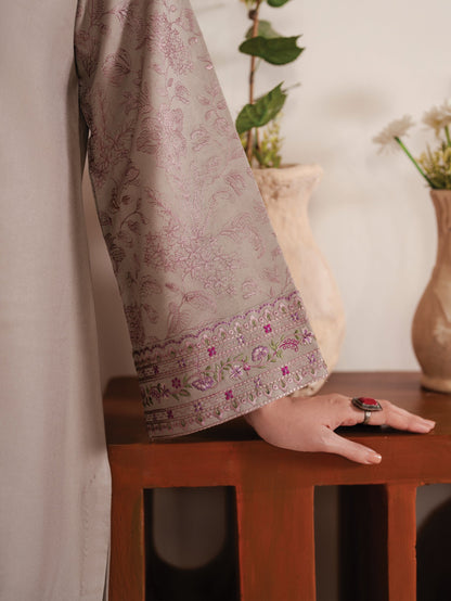 BrandsInn-3PC DHANAK EMBROIDERED SHIRT WITH COURTRAI PRINTED SHAWL AND EMB TROUSER-BI-