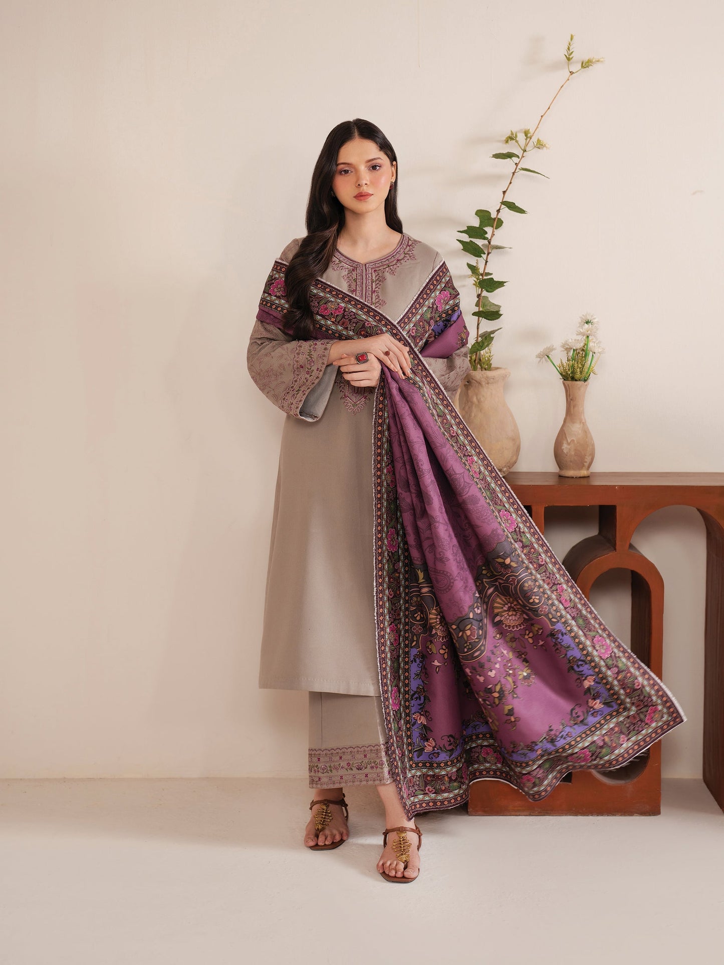 BrandsInn-3PC DHANAK EMBROIDERED SHIRT WITH COURTRAI PRINTED SHAWL AND EMB TROUSER-BI-