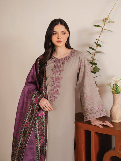 BrandsInn-3PC DHANAK EMBROIDERED SHIRT WITH COURTRAI PRINTED SHAWL AND EMB TROUSER-BI-