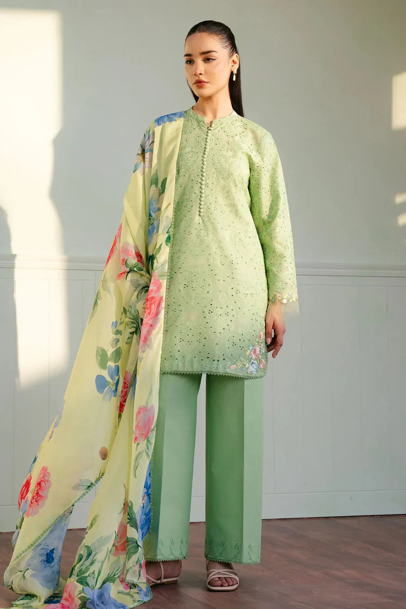 BrandsInn-3PC LAWN EMBROIDERED SHIRT WITH MONARK PRINTED DUPATTA AND TROUSER-BI-395