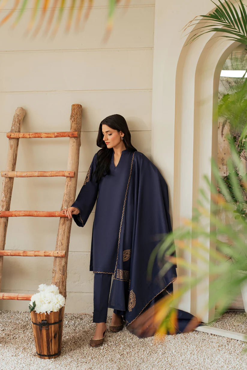 BrandsInn-3PC DHANAK SHIRT WITH WOOL PRINTED SHAWL & TROUSER-BI-4127